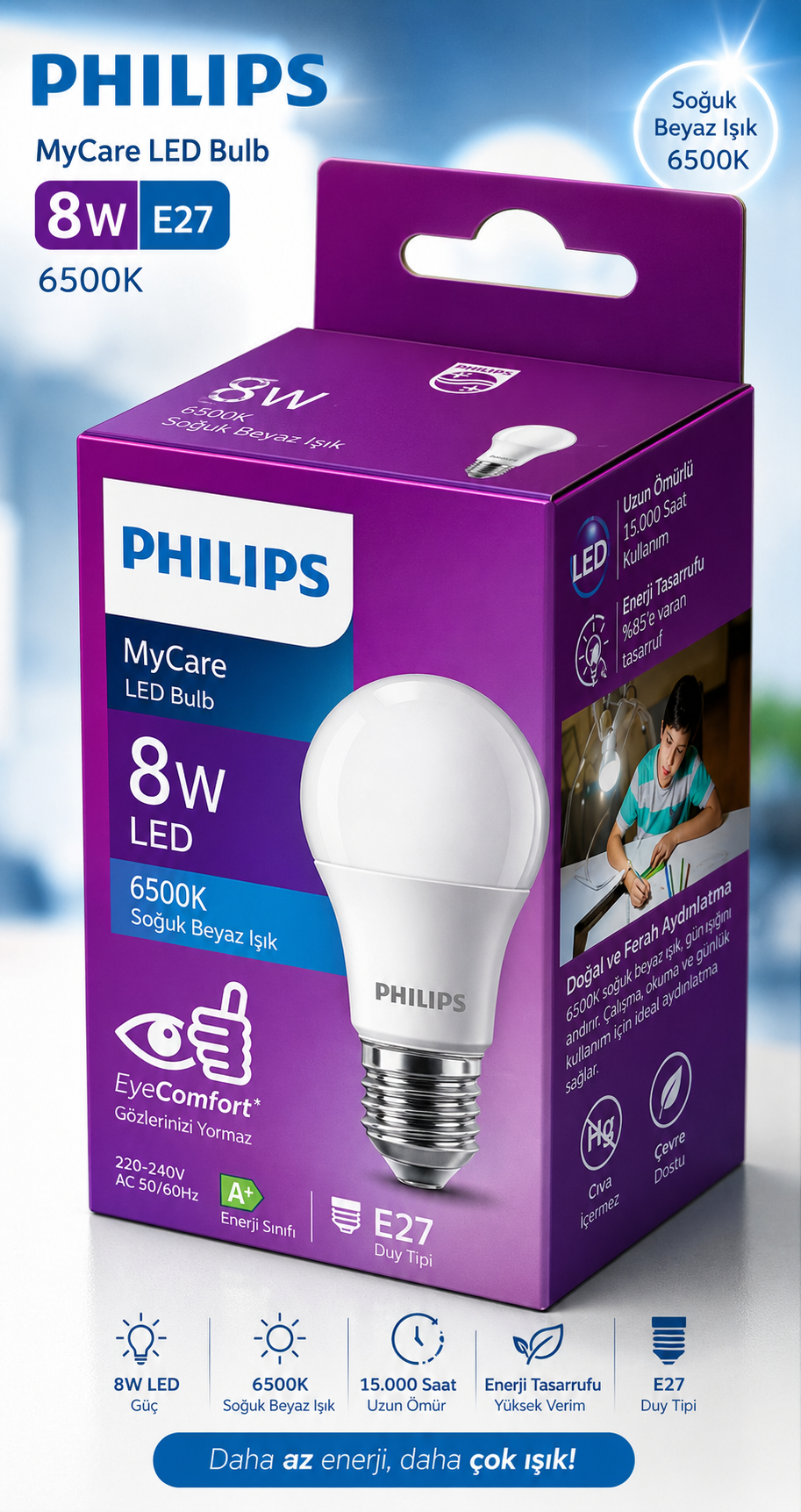 Philips 8W E27 Led Ampul Beyaz Işık