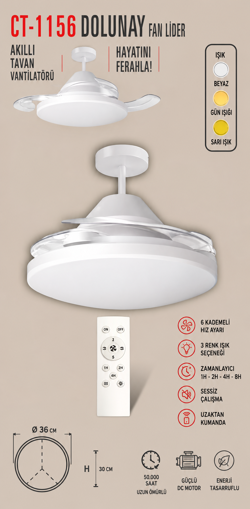 Cata Ct-1156 Dolunay Fan Led Ampul (Hayalet Pervaneli)(Beyaz)