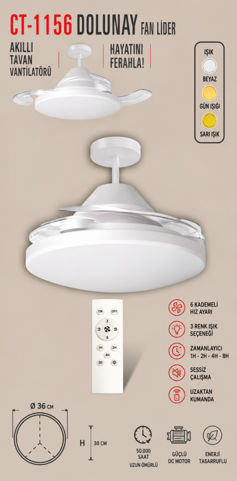 Cata Ct-1156 Dolunay Fan Led Ampul (Hayalet Pervaneli)(Beyaz)