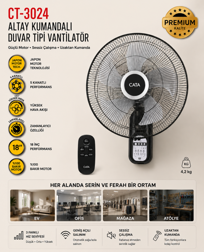 Cata Ct-3024 Altay Premium Duvar Tipi Vantilatör ( Kumandalı )