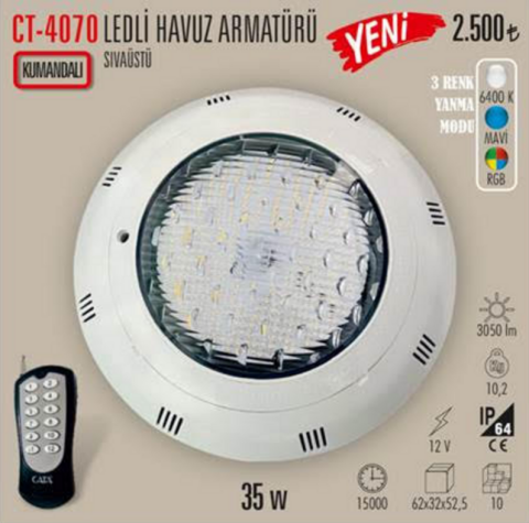 Cata Ct-4070 35W Sıvaüstü Havuz Armatürü Kumandalı 3 Renk (Beyaz-Mavi-Rgb)