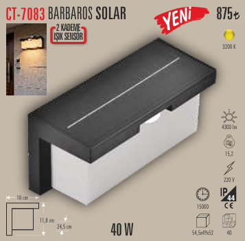 Cata Ct-7083 40W Barbaros Solar Led Aplik (Dış Mekan) (Günışığı)