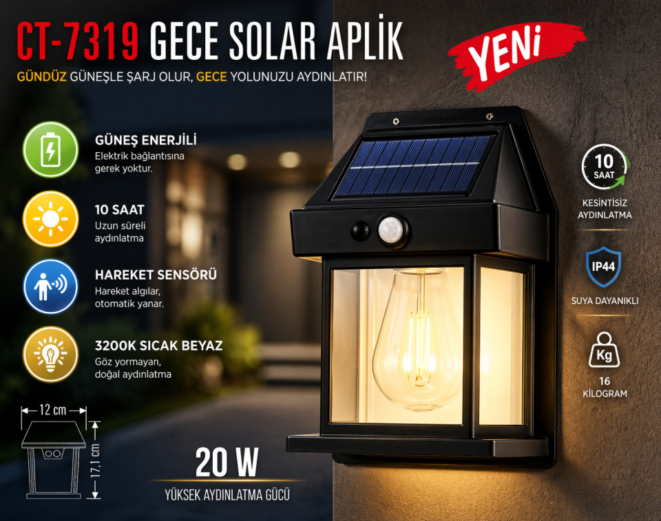 Cata Ct-7319 20W Gece Solar Led Aplik (Günışığı)