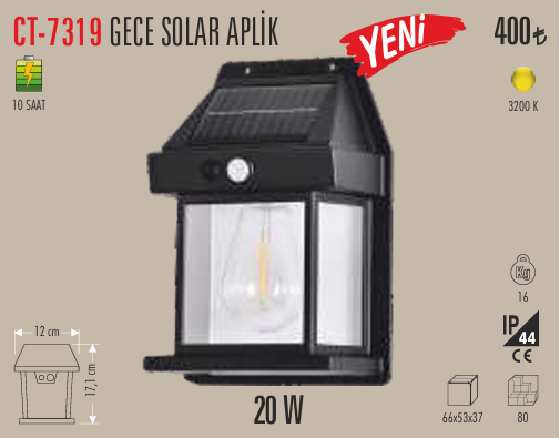 Cata Ct-7319 20W Gece Solar Led Aplik (Günışığı)