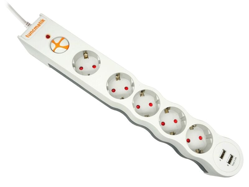Tuncmatik Beşli Enerji Koruma Prizi +2 Usb Kablolu - Beyaz