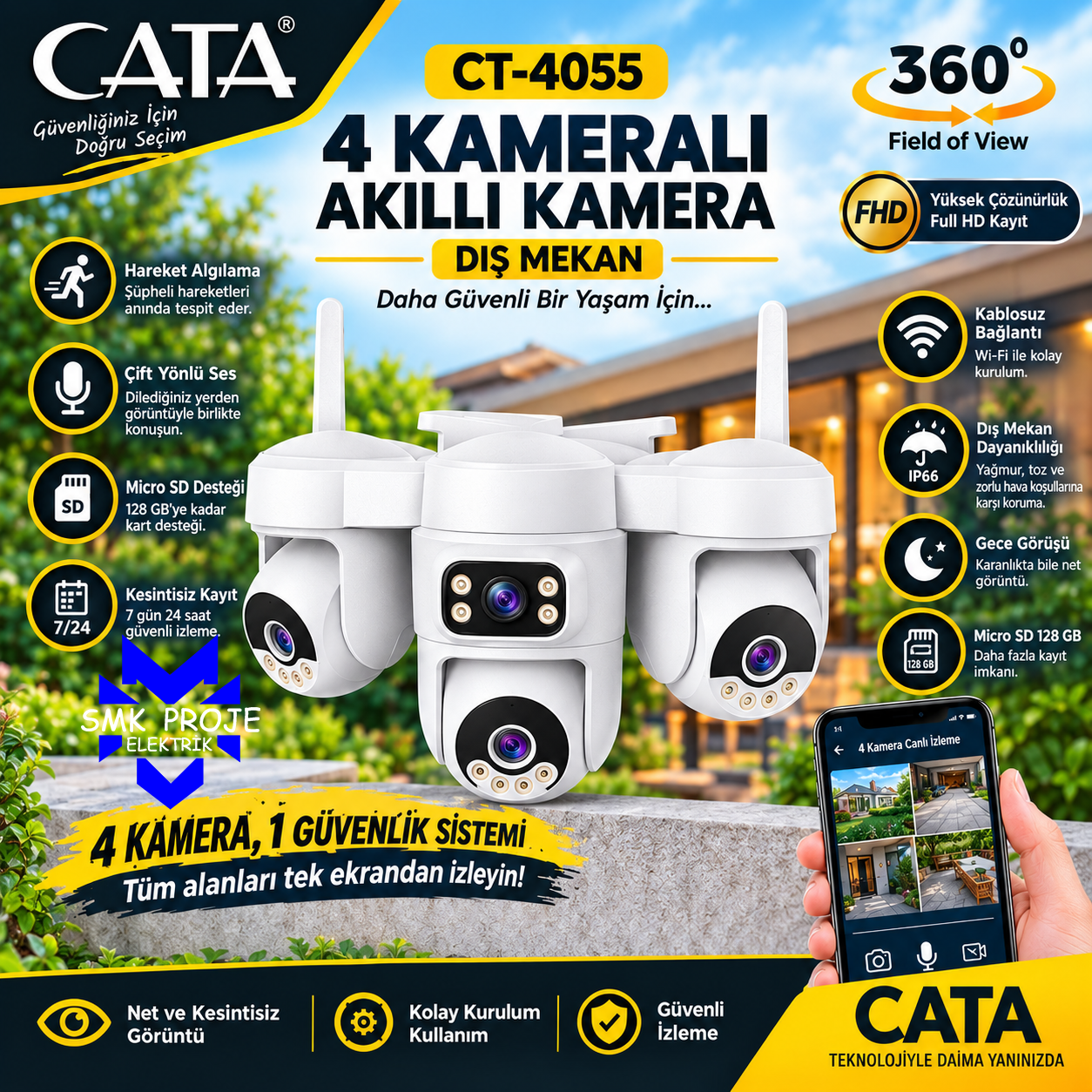 Cata Ct-4055 4 Kameralı Akıllı Dış Mekan Kamera