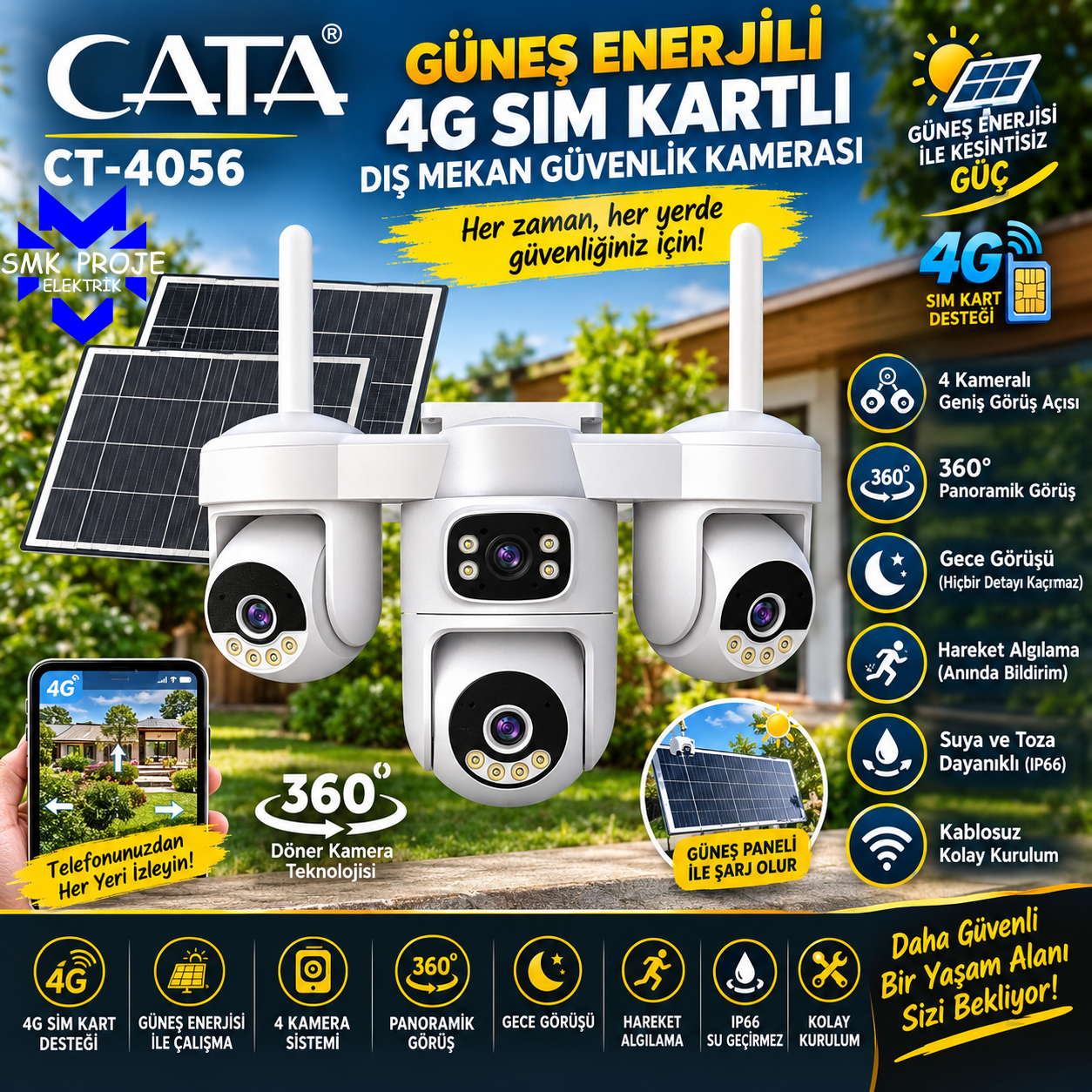 Cata Ct-4056 4 Kameralı Solar Sim Kartlı Akıllı Dış Mekan Kamera