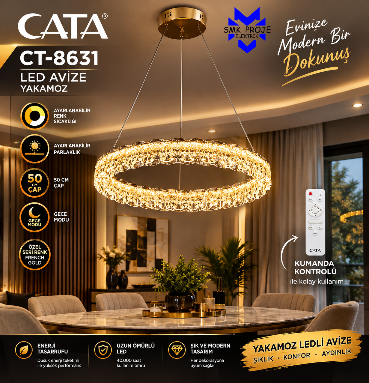 Cata CT-8631 Yakamoz Ledli Avize 3 Renk Kumandalı