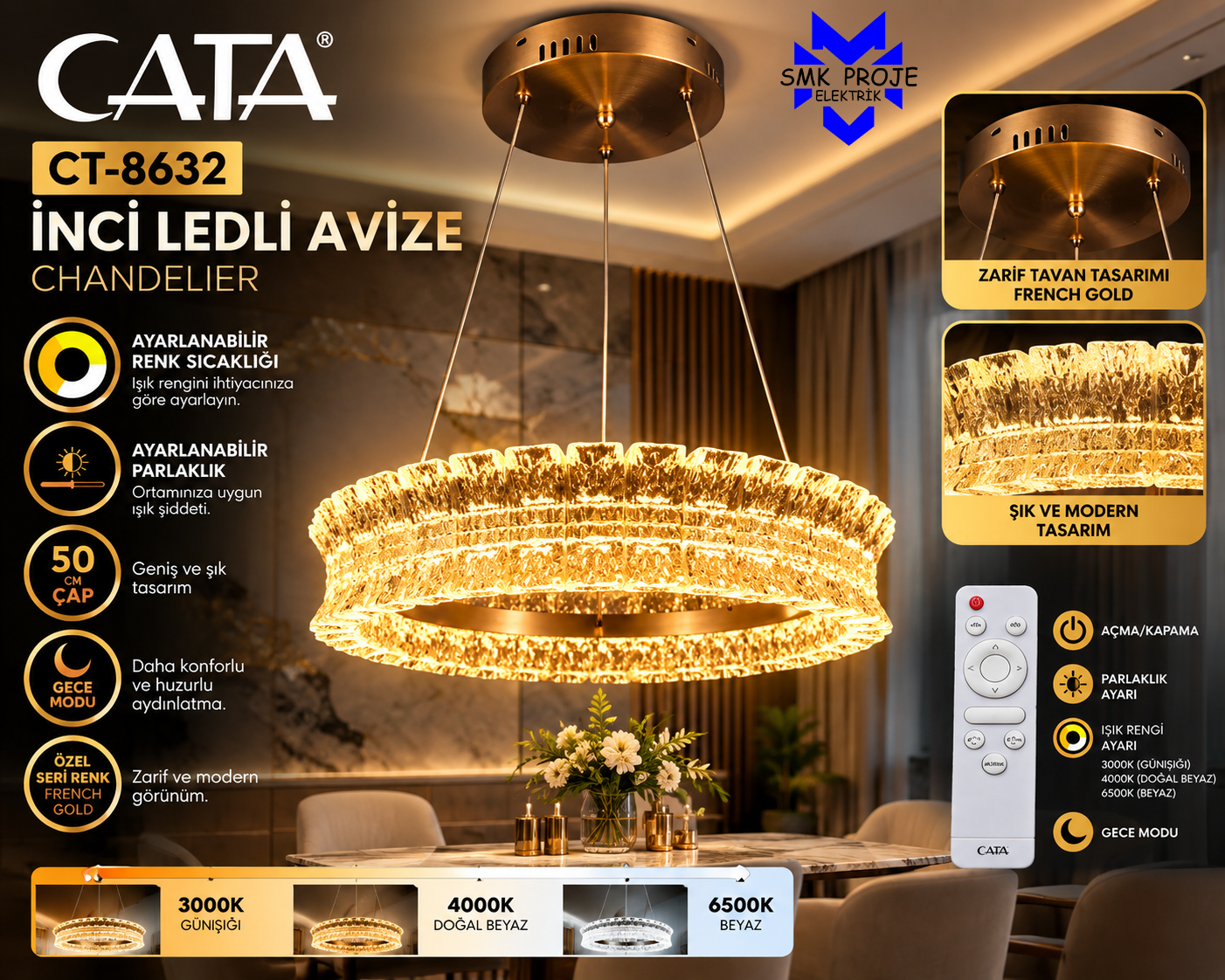 Cata CT-8632 İnci Ledli Avize 3 Renk Kumandalı