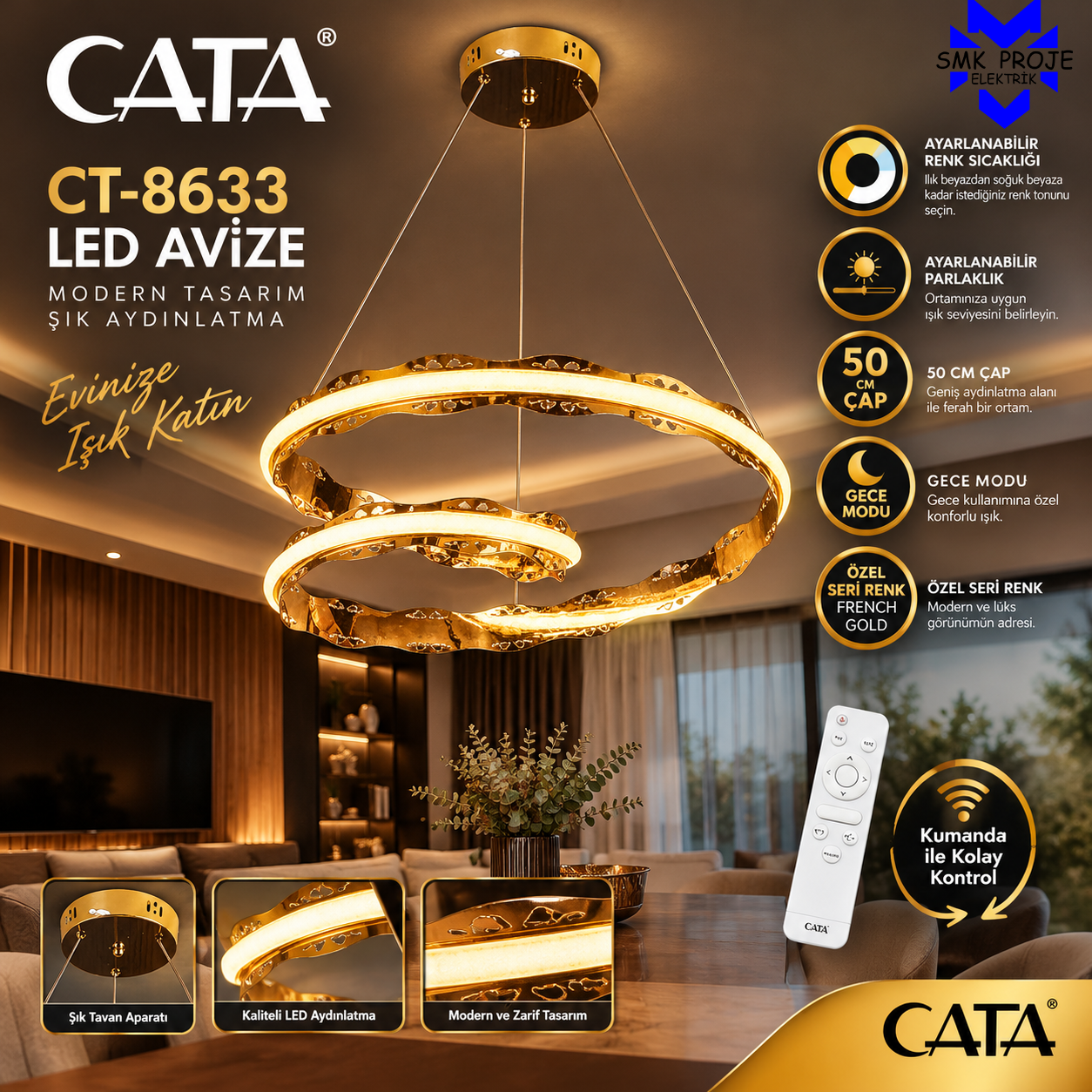 Cata CT-8633 Sedef Ledli Avize 3 Renk Kumandalı