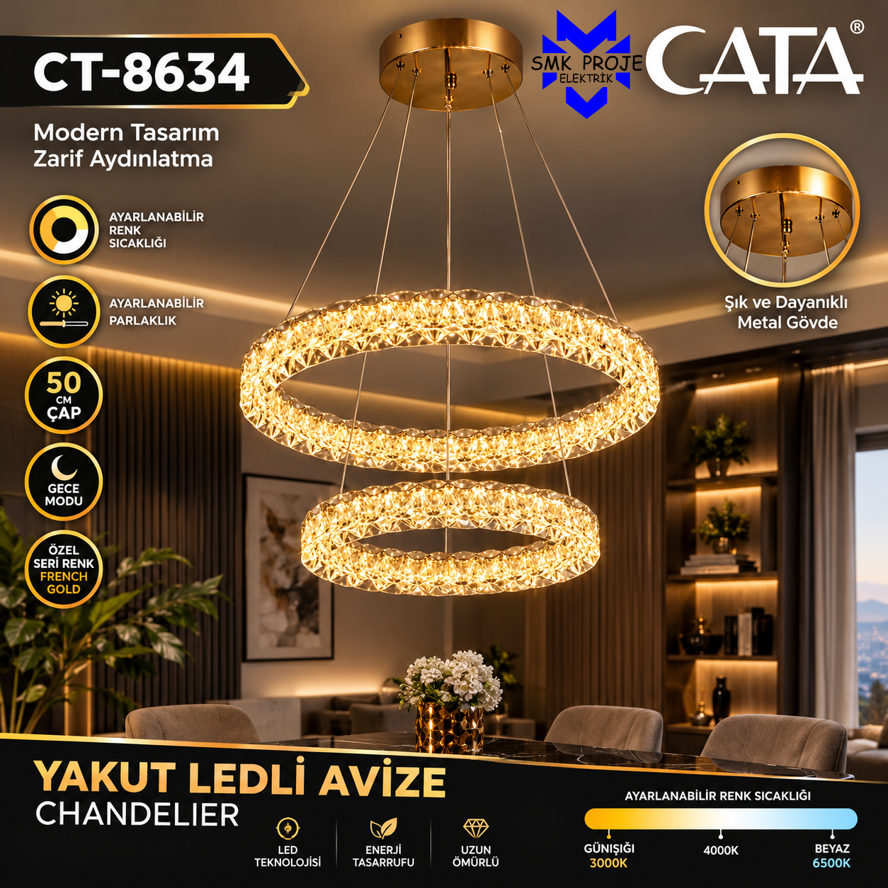 Cata CT-8634 Yakut Ledli Avize 3 Renk Kumandalı