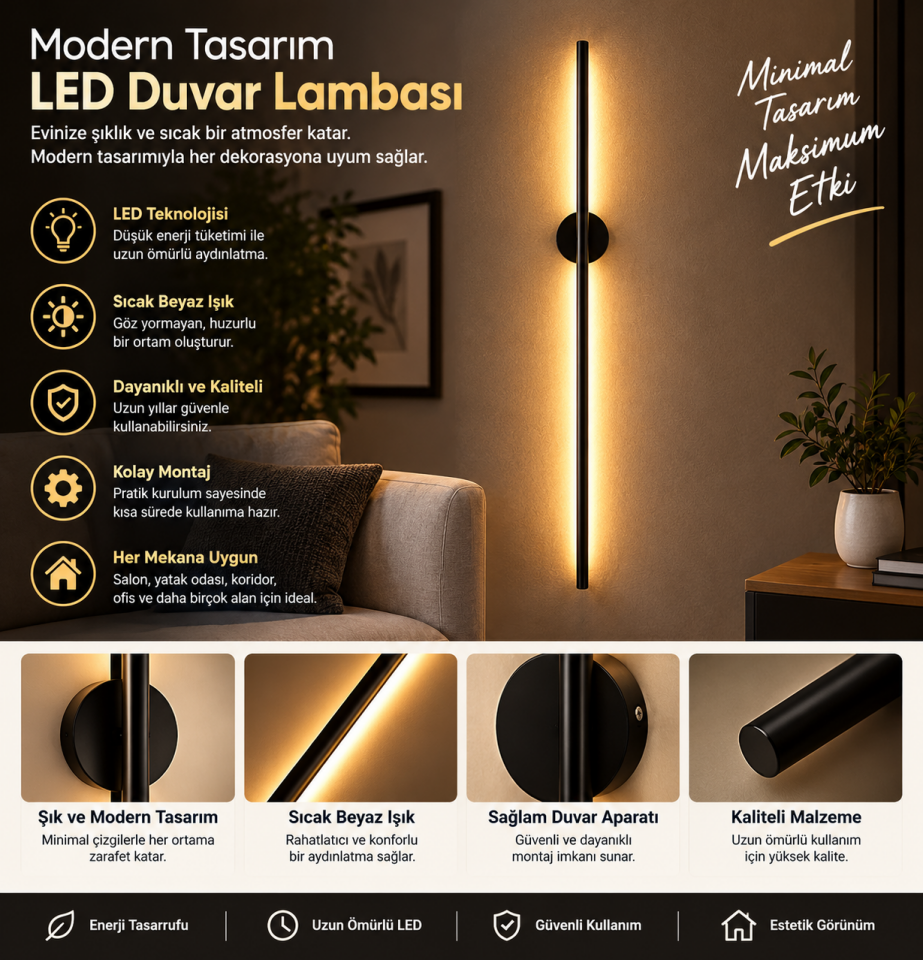 Cata CT-5211SG Çubuk Led Dekoratif Aplik Siyah Kasa Günışığı