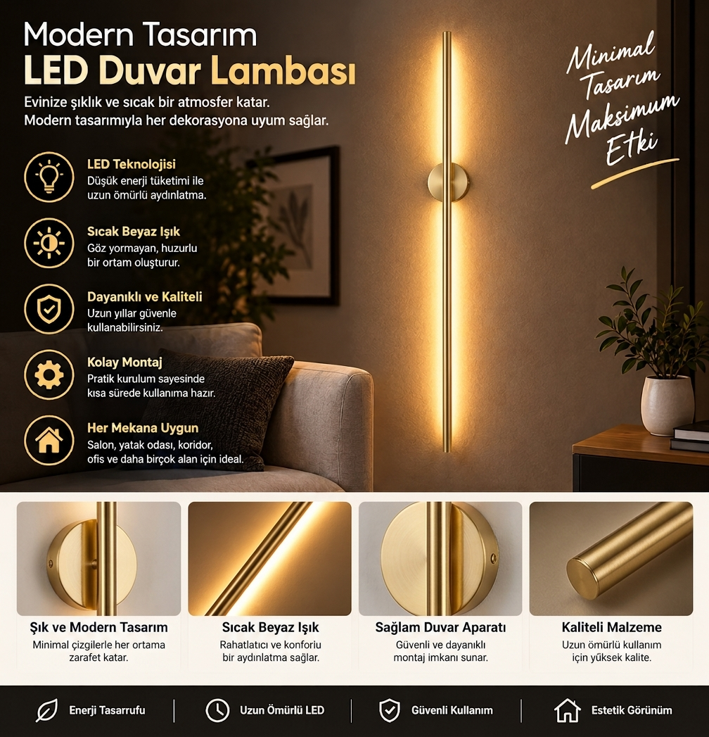 Cata CT-5211GG Çubuk Led Dekoratif Aplik Gold Kasa Günışığı