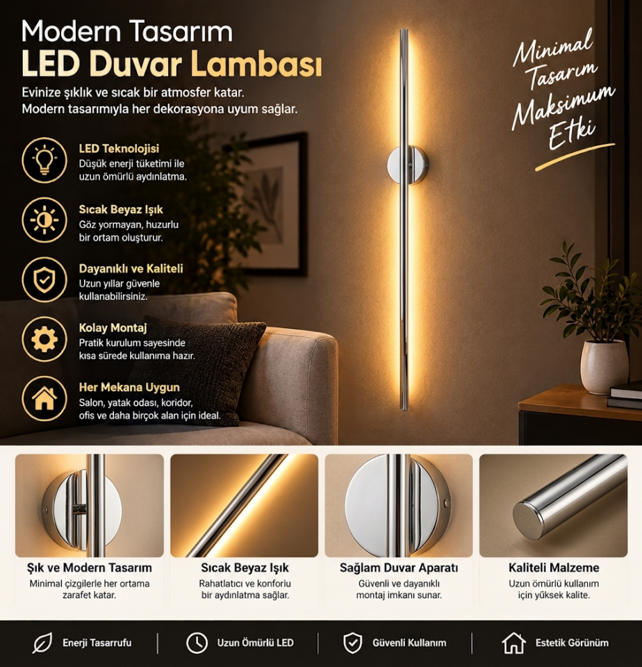 Cata CT-5211KG Çubuk Led Dekoratif Aplik Krom Kasa Günışığı
