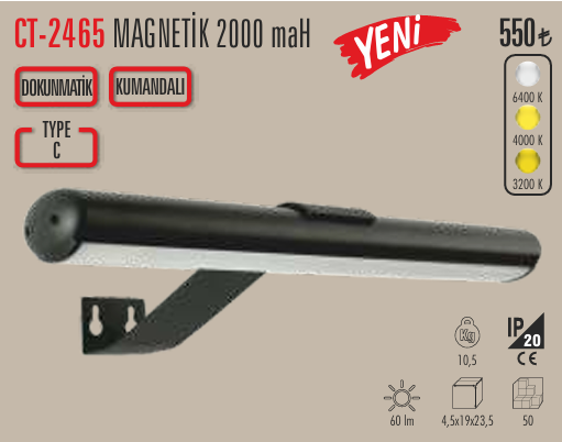 Cata Ct-2465 Şahin Şarjlı Led Aplik 3 Renk