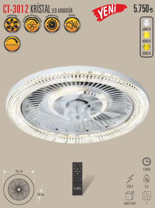 Cata Ct-3012 Kristal Led Tavan Vantilatör
